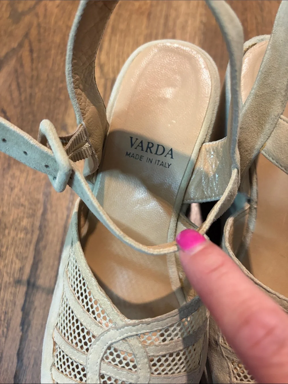 VARDA Size 6 1/2 Suede Laser-Cut Platform Sandals in Light Beige